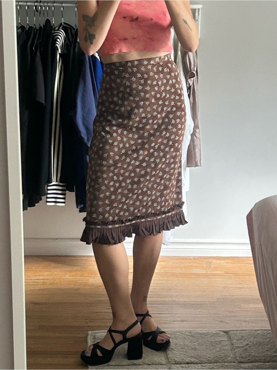 Dresses & Skirts - Brown Floral Midi Skirt with Ruffle Hem